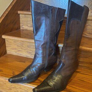 10M Vintage Cowboy Boots Leather  Upper, Croc Accents, Unique Squared Pointy Toe